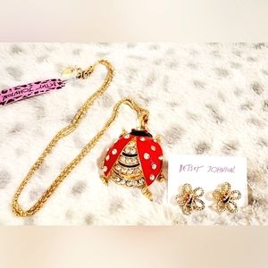 Gold plated red black & white crystal ladybug necklace earring set